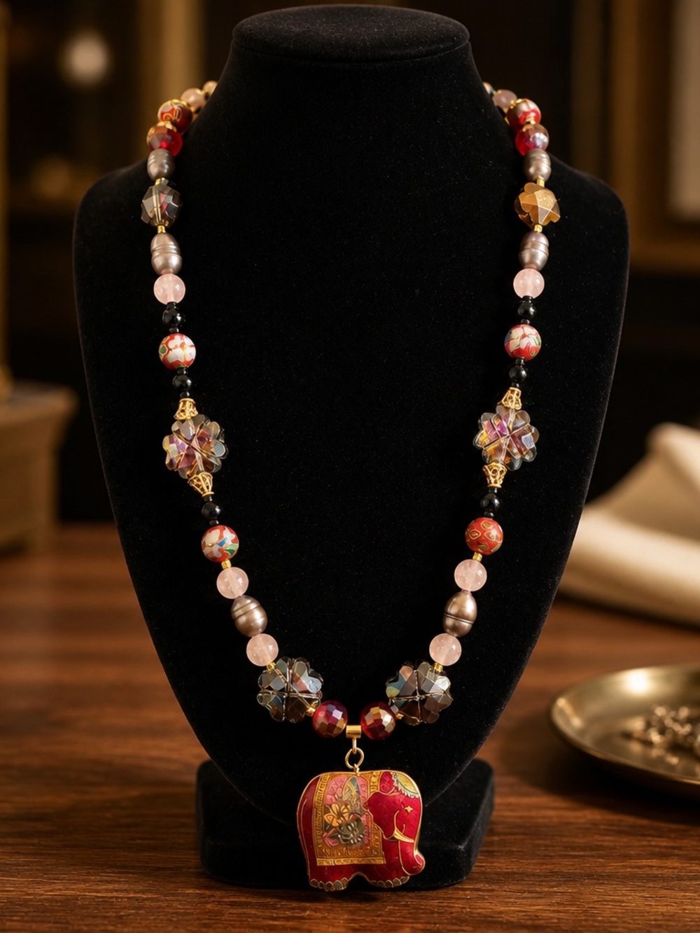 Elephant Pendant crystal pearl rose qtz Necklace - Women Jewelry
